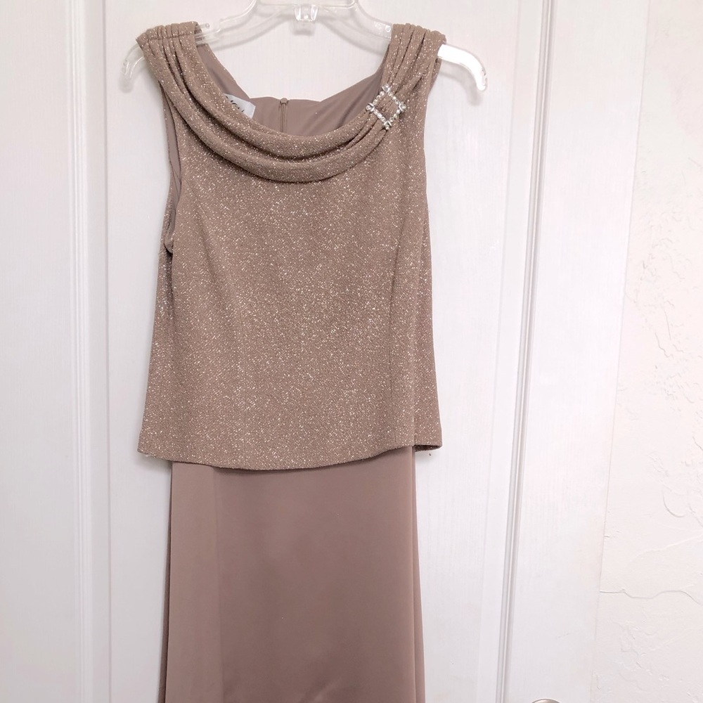 Light brown floor length dress w/ shimmery top and brooch